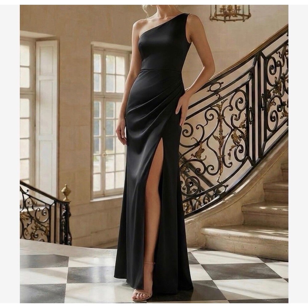 Hebeos Women’s Black One Shoulder Maxi Formal Bridesmaids Satin Dress Size 12